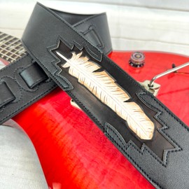 Walker & Williams CVG-115 Black Leather Padded Guitar Strap Hand Tooled Feather For Acoustic, Electric, And Bass Guitars, Black, Brown, Regular