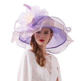 Women Organza Church Derby Hat Wide Brim Sun Hats for Wedding Tea Party Fascinator Hat with Detachable hat Flower as Headgear Purple