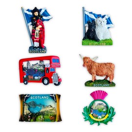 LILAJ Scottish Fridge Magnets Resin Souvenirs Featuring Edinburgh Castle, Saltire Flag, Thistle, Bagpiper, Highland Cow (Heilan’ Coo), Scottie & Westie Dogs – Scotland Gift Set - 6