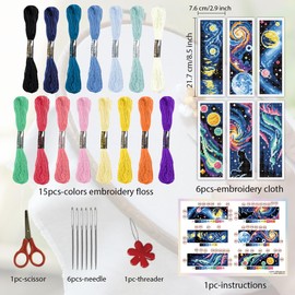ORIGACH 6 Set Universe Starry Night Cross Stitch Bookmark Kit for Beginner with Backing Felt Floss Instructions DIY Stamped Embroidery Bookmark Kit for Adults, Book Lovers