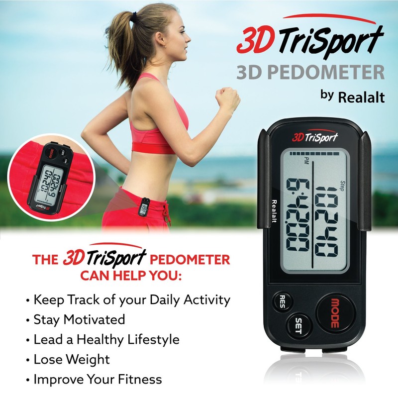 Realalt 3DTriSport 3D Pedometer, Accurate Step Counter with Clip and
