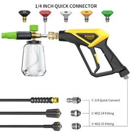 POHIR Short Pressure Washer Gun with Foam Cannon, 1/4 Inch Quick Connector, with 5 Pressure Washer Nozzle Tips 4500 PSI,Transparent 1 Liter