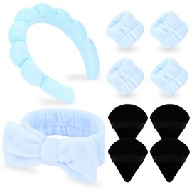Ondder 10 Pcs Spa Headband and Wristband Set with Poder Puffs Spa Headband for Washing Face Makeup Headbands Blue Bubble Headband Skin Care Face Wash Sponge Puffy Head Bands Headband for Women Girls