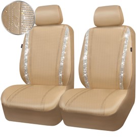 CAR PASS Leather Diamond Bling Car Seat Covers 2 Front Interior Sets, Waterproof Universal Shining Glitter Crystal Sparkle Fit for 95% Automotive Truck SUV Cute Women Girl, Beige Rhinestone