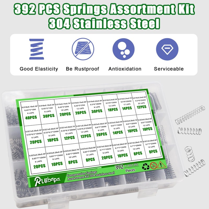Ruibapa 392 PCS Springs Assortment Kit 304 Stainless Steel Compression