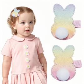 HIFANMM Easter Hair Clips for Girls, 2pcs Gradient Bunny with Cotton Tail Hair Accessories, Baby Hair Alligator Barrettes Cute Rabbit Hairpins Toddlers Kids for Party Princess Cosplay Decoration
