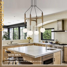 Rustic Wood Chandeliers with Milk Glass Globes Lampshades L24 '' Unique Mid Century Long 4-Light Pendant Chandelier Farmhouse Light Fixture for Living Dining Room Entryway Foyer Bedroom Kitchen,G9