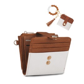 Sunpour Small Wristlet Wallets for Women Keychain Wristlet Wallet RFID Blocking Key Chain Wallet With Zipper Coin Pocket,2 Id Window (Beige＆Brown)