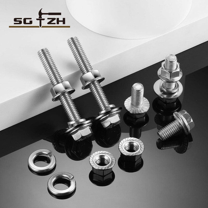M10 x 60mm Flanged Hex Head Bolts, Nuts, Flat &
