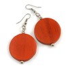 30mm Antique Orange Painted Wood Coin Drop Earrings - 60mm