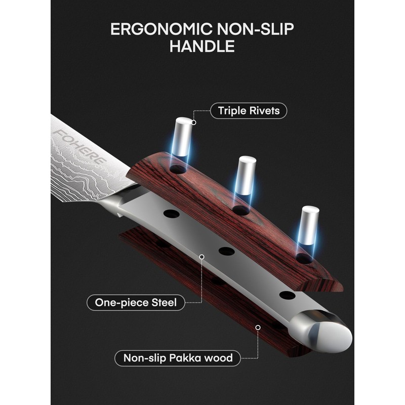 FOHERE Kitchen Knife Set with Ergonomic Red Pakkawood Handle, 5