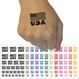 USA United States of America with Waving Flag Cute Temporary Tattoo Water Resistant Fake Body Art Set Collection - White (One Sheet)