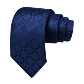 GUSLESON Navy Blue Tie for Men Plaid Checkered Wedding Solid Silk Necktie for Business Party (1034-15)