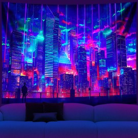 Tapiz para colgar en la pared, diseño de anime japonés, juego punk, fantasía, vista nocturna, paisaje urbano, futurista, arte de neón para decoración de recámara, 90 x 70 pulgadas