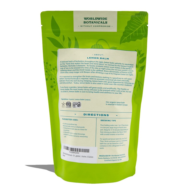 Worldwide Botanicals Organic Lemon Balm Tea, 6 Ounces - Loose
