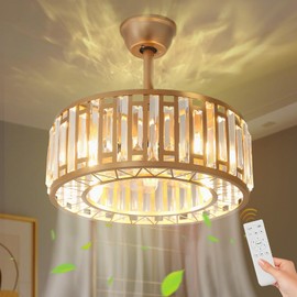 Hpxnionthr 19.1 Inch Gold Fandelier Crystal Ceiling Fan with Light, Caged Chandelier Fan with Remote Control, 6-Speed Reversible Quiet DC Motor, Modern Ceiling Fan for Bedroom Girls Room Kitchen