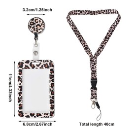 Card Holder ID Vertical, Fashionable Sliding ID Cover, 2 Leopard Print Plastic Card Sleeves with Badge Reel, ID Card Holder with Removable Neck Lanyard Strap