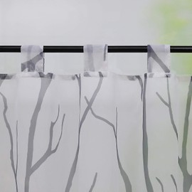 Heichkell Transparent Short Tab Top Voile Window Curtain with Tree Branch Print, Modern Kitchen Curtain