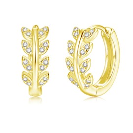 Loutade Ohrringe Gold, CZ Blatt Creolen aus Sterling-Silber 925, 13mm Zierliche Olivenblatt Gold Creolen, Hypoallergen Kleine Schlafen Knorpel Huggie Ohrringe Kreolen Silber 925 Geschenk für Damen