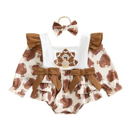 KMBANGI Newborn Baby Girl Football Turkey Romper Long Ruffle Sleeves Little Turkey Onesie Bow Thanksgiving Outfit Fall 0-18M (Khaki, 12-18 Months)