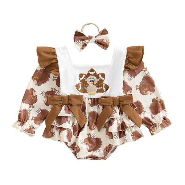 KMBANGI Newborn Baby Girl Football Turkey Romper Long Ruffle Sleeves