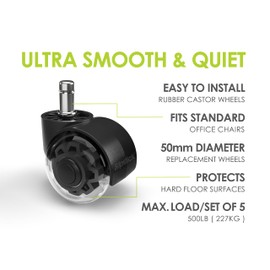 Slipstick 2 Inch Premium Rubber Office Chair Caster Wheels (Set of 5) for All Hard Surface Floors & Carpet, Heavy Duty Twin Rollerblade Chair Replacement Wheels with Universal Fit 7/16 Inch Stem