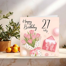 27th Birthday Card for Women - Ladies Pink floral Birthday Cards for 27 year old woman twenty seven, twenty seventh Mum Nan Aunt Daughter Friend Niece Sister Wife Girlfriend Girls for her