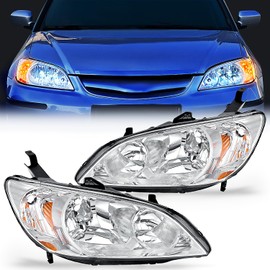 Nilight Headlight Assembly Compatible with 2004 2005 Honda Civic Headlamps Replacement Chrome Housing Amber Reflector Upgraded Clear Lens Driver and Passenger Side