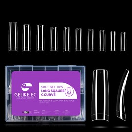 Gelike ec French Clear Nail Tips, Long Square C Curve Soft Gel Nail Tips, Square Long, Pre-Polished Resin Nail Tips with Case for Nail Studios, DIY Nail Art, Pack of 240, Size 12