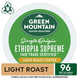 Green Mountain Coffee Roasters Ethiopia Supreme, Single-Serve Keurig K-Cup Pods, Light Roast Coffee, 96 Count