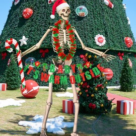 Jamntower 12 ft Giant Sized Skeleton Summer Christmas Costume Set Santa Hat Christmas Leis Banner and Inflatable Christmas Candy Cane for Tropical Christmas in July Party Decorations Garden Lawn Props