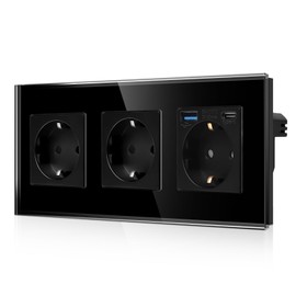 CNBINGO Triple Socket with 2 x USB Ports (20 W Quick Charging), 1 x (Type C and USB-A), Triple Glass Schuko Socket, Flush-Mounted, Black Wall Socket with Child Lock
