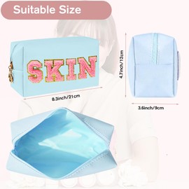 Preppy Patch Makeup Bag,Travel Cosmetic Bags PU Leather Portable Waterproof Toiletry Storage Case with Chenille Letter Zipper Daily Use Pouch for Women,Bluish Green Skin Pink