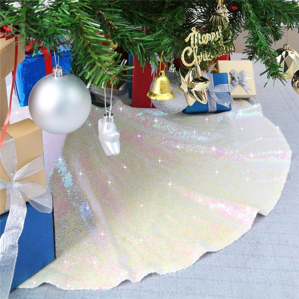 B-COOL Sparkly Embroidered Tree Skirt - Iridescent White Sequin Fabric