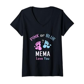 Womens Pink Or Blue Mema Loves You Baby Gender Reveal Party V-Neck T-Shirt