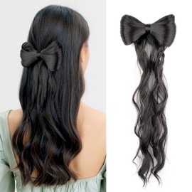 LyoRuSi 14 Inch Ponytail Hair Extension Bowknot Curly Hairpiece Ponytail with Clip Decorative Hair Clips for Women Girls Natural Black