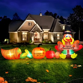 12FT Long Thanksgiving Inflatables Turkey Outdoor Decorations with Pumpkin Corn Built-in LEDs Giant Huge Blow Up Yard Decoration for Turkey Thanksgiving Day Holiday Party Lawn Garden