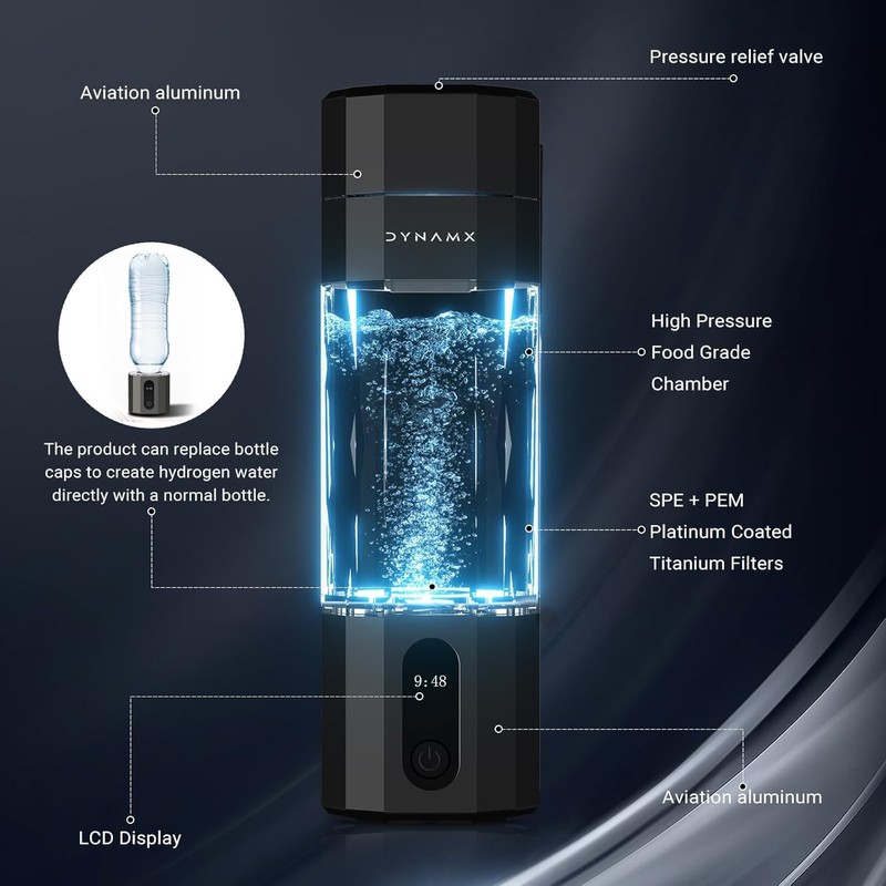 【6000PPB】 DYNAMX Hydrogen Water Bottle, Portable Hydrogen Generator, SPE/PEM Technology