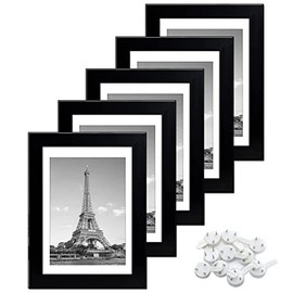 5 PCS Marcos de Fotos de Alta Transparencia, 4 x 6 '' con Alfombrilla o 5 x 7'' Sin Alfombrilla Portaretrato con Soporte en ángulo Vertical/Horizontal para Decoración Oficina en Casa (Negro 5x7'')