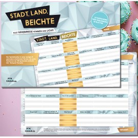 Stadt Land BeICHTE – All Secrets Come to Light Funny Party Game Including Drinking Game – City, Country River in a Fun Version – 50 Sheets – DIN A4 | Gift Idea | Gschenk