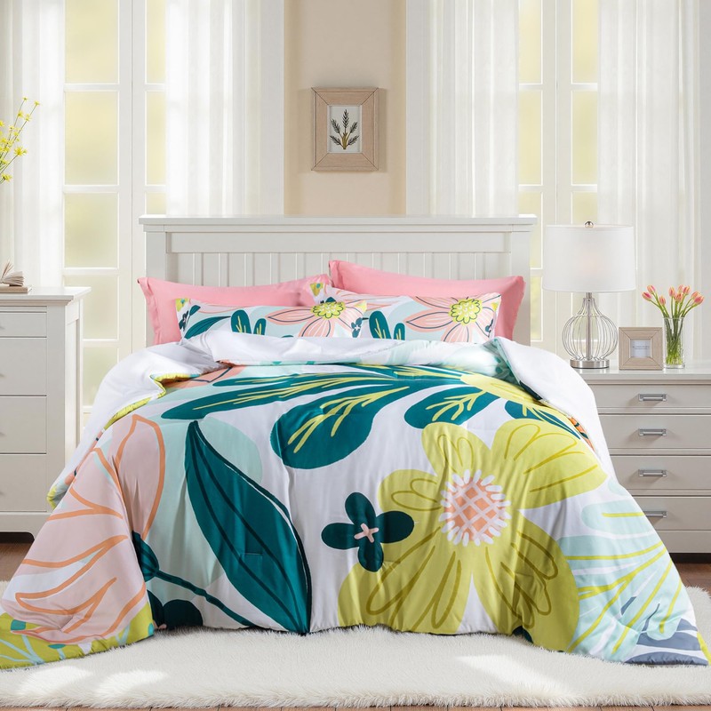 Boho Floral Queen Comforter Set - 3 Piece Summer Tropical