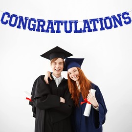 Blue Glitter Congratulations Banner, Achievement Celebrations, 2024 Graduation/Wedding/Retirement/Bridal Shower Party Decorations Supplies