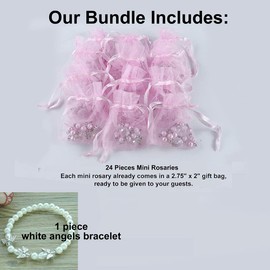 24 Pcs Pink Mini Rosary Baptism Favors with Angels for Girl Recuerdos de Bautizo Finger Rosaries Silver Plated