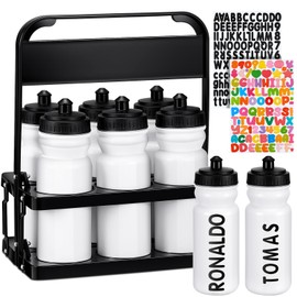 Suclain Water Bottle Carrier with 20 Oz 6 Bottles and 2 Stickers Plastic Wide Mouth Sports Water Bottle Squeeze Team Water Bottles with Black Lid for Fitness Bike Gym(White)