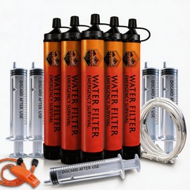 5-Pack Personal Water Filter Straw with Emergency Whistle, Portable Reusable Survival Filter for Family Camping, Hiking, Backpacking & Emergency
