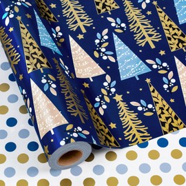 Yarcony Reversible Christmas Wrapping Paper, Blue Wrapping Paper for Men, Modern Navy Blue Christmas Tree, Polka Dot Theme Holiday Gift Wrap for Party, Celebrations (Mini Roll, 17 Inch X 33 Feet)