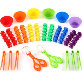 74 Pieces Counting Sorting Bears Fine Motor Skills Handy Scoopers Set Includes 60 Cute Rainbow Sorting Bears, 6 Jumbo Tweezers, 2 Scissors Clips and 6 Colorful Sorting Cups for Children Over 6
