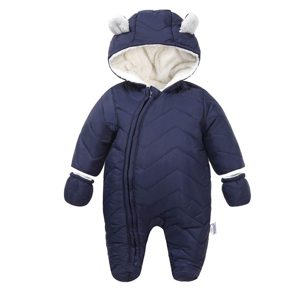 DINGDONG'S CLOSET Baby Boy Girl Winter Quilted Hooded Snowsuit with Gloves, dark blue