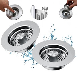 3 in 1 Kitchen Sink Drain Strainer,Metal 304 Stainless Steel,sink drain strainer,Upgraded kitchen sink stopper,Fast Drainage Odor Filter Sink Plug for US Standard Kitchen Drain(2Pack) - Color: Silver-1pack