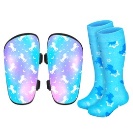 Shin Guards Soccer Kids Girls Youth, Shin Pads and Long Soccer Socks for 2-7 Years Old Girls for Football Games, EVA Cushion Protection Reduce Shocks and Injuries,Blue & Purple, Small